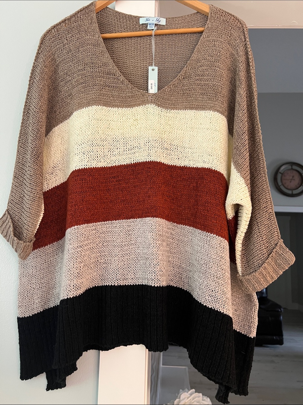 She + Sky Taupe, Cream, Rust & Black Striped V-Neck Sweater